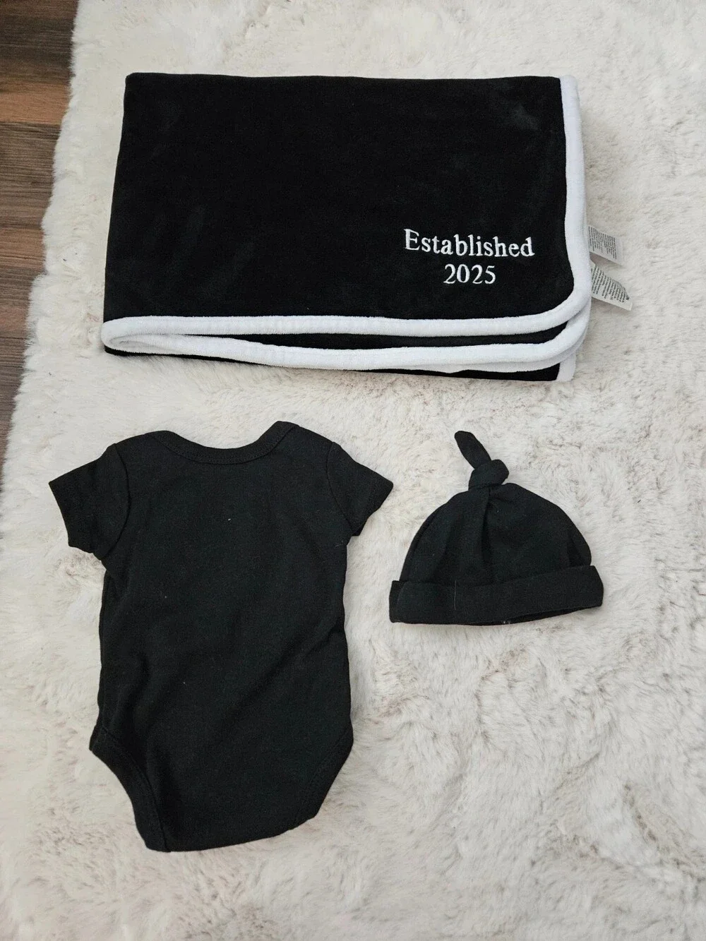 Personalized baby blanket,newborn onesie and hat with embroidered Est 2025